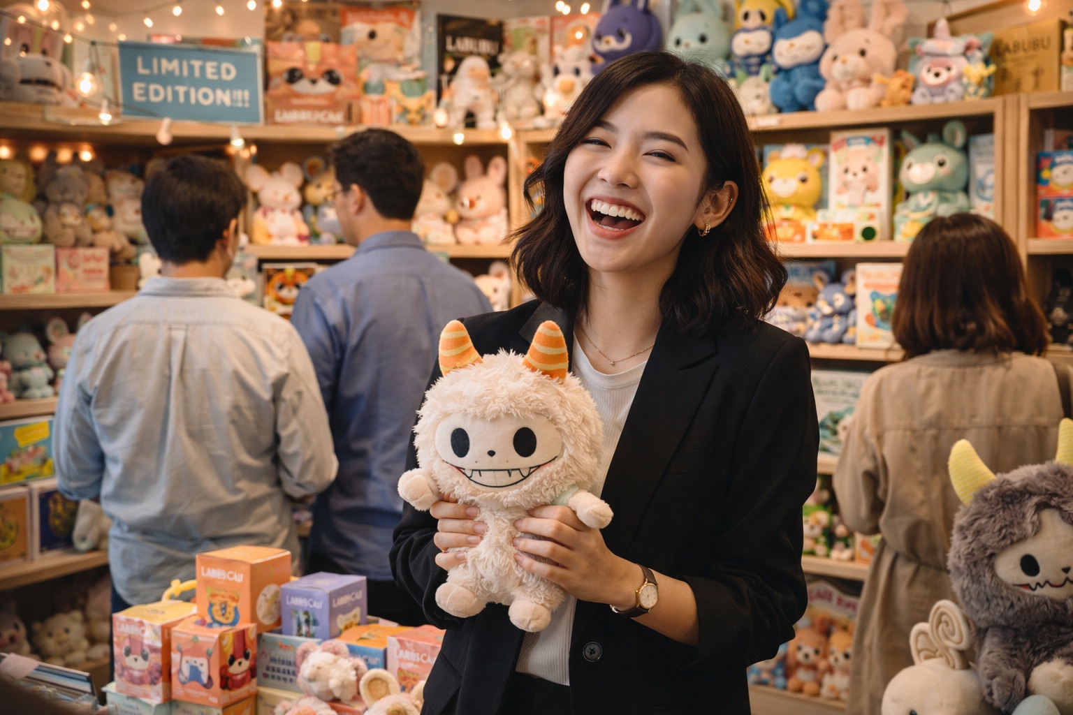 A stylish young adult in business attire laughing while holding a collectible plush toy in a trendy pop-up shop, surrounded by other adults browsing shelves lined with whimsical plushies and playful decor